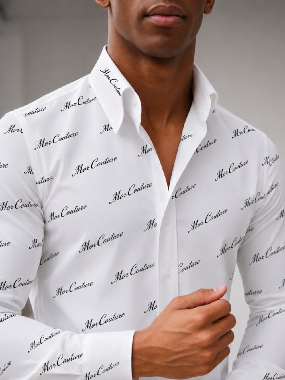 MorCouture White Black Brand High Collar Shirt